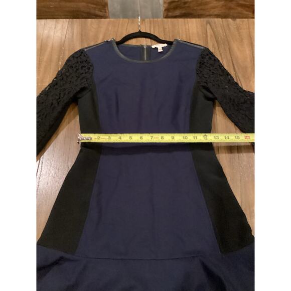 Rebecca Taylor 2 tone black blue drop waist flare zipper and lace mini dress 4 - Picture 4 of 14
